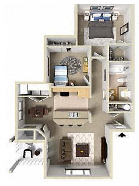 Floor plan for 2 beds, 1 bath, 872 sqft